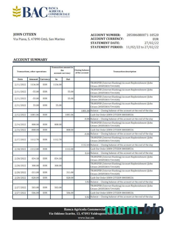 Wyciąg bankowy San Marino Banca Agricole Commerciale, szablon Excel i PDF